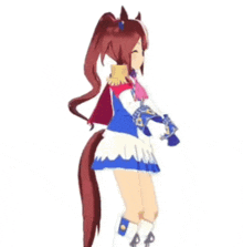 a girl in a blue and white dress is dancing with a horse behind her .