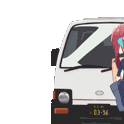 a woman with red hair is standing in front of a white truck .