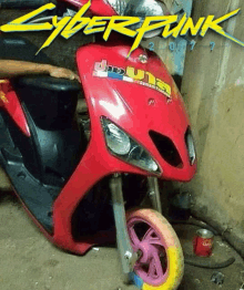 a red scooter with the words cyberpunk written on it