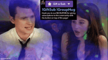 a man and a woman are looking at a sign that says gift a sub grouphug