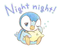 a drawing of a penguin holding a pillow with the words night night written above it