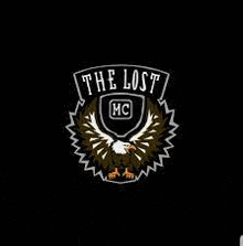 the lost mc logo with an eagle and shield on a black background