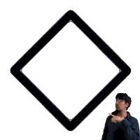 a man pointing at a yellow square with a white background