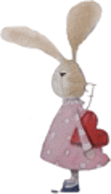 a stuffed rabbit is wearing a pink dress and holding a red heart .