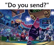 patrick star is playing basketball with spongebob and squidward on a basketball court .