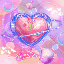 a painting of a heart surrounded by barbed wire and bubbles with the words m2m written below it