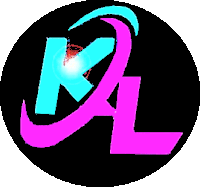 a black circle with a pink and blue letter k and l in it