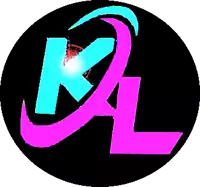 a black circle with a pink and blue letter k and l in it