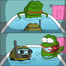 a cartoon of two frogs in a bathtub with a pink towel on the wall