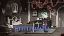 a cartoon of a girl standing in a room with the words " huhuhuhu " written in blue