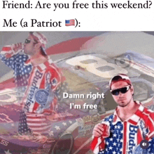 a man in a patriotic shirt is drinking budweiser in front of a race car .