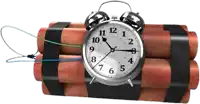 an alarm clock is attached to a stack of dynamite and shows the time as 10:10