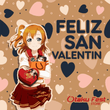 a poster that says feliz san valentin with a girl on it