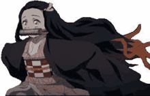 a girl with long black hair and a sword in her mouth is running in a cartoon .