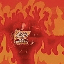 a cartoon of spongebob squarepants standing in front of a wall of fire .