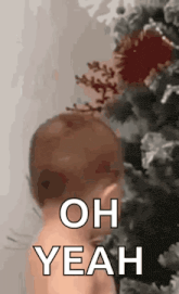 a baby is standing in front of a christmas tree and says oh yeah .