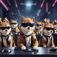 a group of cartoon shiba inu dogs wearing virtual reality goggles