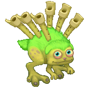 a cartoon drawing of a green and yellow monster with a bunch of flutes on its head