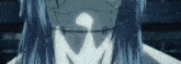 a close up of a person 's face with blue hair and stitches on it .