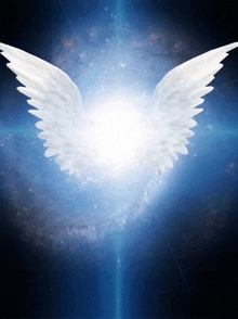 a white angel 's wings are spread out in front of a blue background