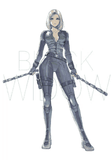 a drawing of a woman in a black suit with the word black widow behind her