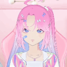 a girl with pink hair is wearing a necklace