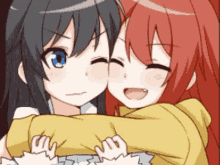 two anime girls are hugging each other and one has blue eyes