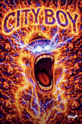a psychedelic painting of a cartoon character screaming with the word cityboy in the background