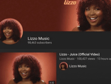 a screenshot of a lizzo music channel with a woman with curly hair