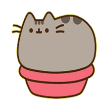 a cartoon cat is sitting in a pink bowl with its eyes closed