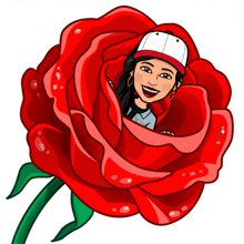 a cartoon of a woman in a baseball cap sitting inside of a red rose