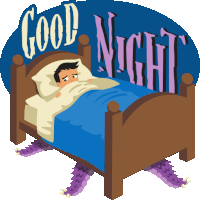 a cartoon illustration of a boy in a bed with the words good night written above him