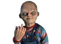 chucky from good guy is giving the middle finger .