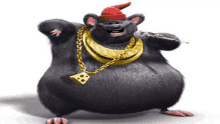 a cartoon mouse wearing a red hat and a gold chain