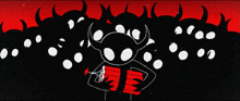 a black and white drawing of a monster holding a red bomb