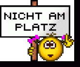 a pixelated smiley face holds a sign that says nicht am platz