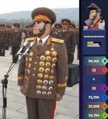 a man in a military uniform is standing in front of a microphone in a video game .