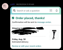 a screenshot of an order placed on friday aug 30