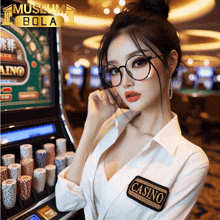 a woman wearing glasses and a white shirt with a patch that says casino on it