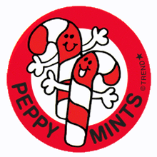 a red circle with two candy canes in it and the words peppy mints
