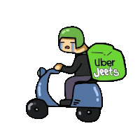 a cartoon of a person riding a scooter with a bag that says uber jeets