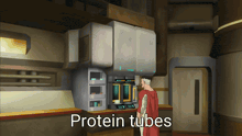 a man in a red cape stands in front of a machine that says protein tubes on it