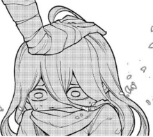 a black and white drawing of a girl with long hair and a bandaged hand on her head .