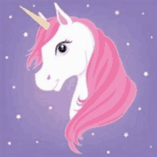 a unicorn with a pink mane and a horn on a purple background .