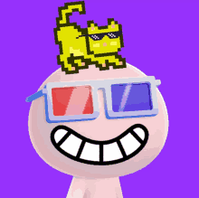 a cartoon character wearing 3d glasses with a pixel cat on top of his head