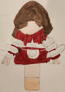 a child 's drawing of a doll with a red and white dress