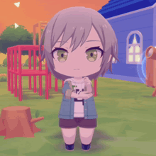 a girl with gray hair and green eyes stands in front of a playground in a video game