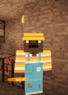 a minecraft character wearing overalls and a hat is holding a pizza