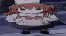 a cartoon girl with red hair is standing on a sidewalk wearing a white hat .