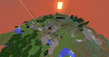 an aerial view of a minecraft world with the sun shining through a hole in the sky